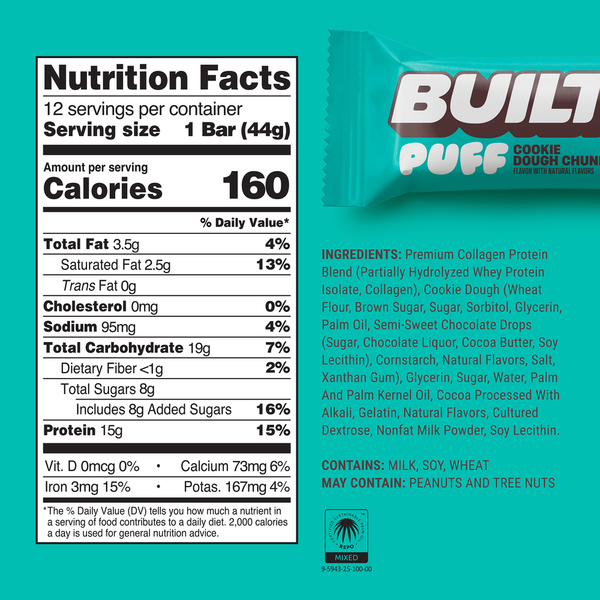 BUILT Puff Protein Bar, Cookie Dough Chunk, Single Puff Bar