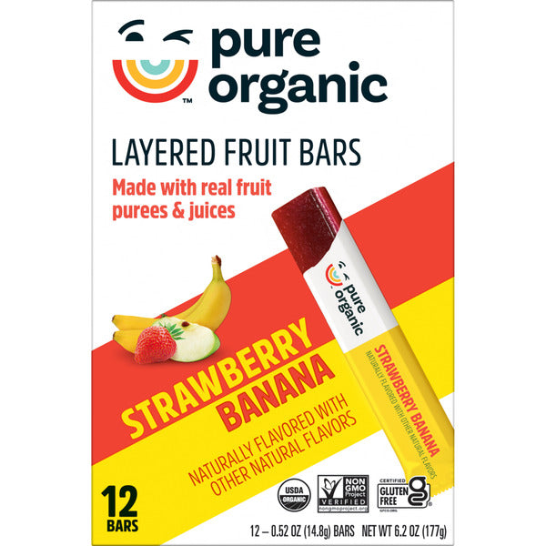 Pure Organic Strawberry Banana Layered Fruit Bars, Gluten Free, 12 Count
