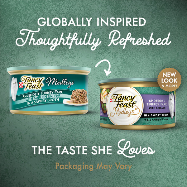Purina Fancy Feast Wet Cat Food, Medleys Shredded Turkey Fare With Garden Greens in a Savory Broth DestGlow