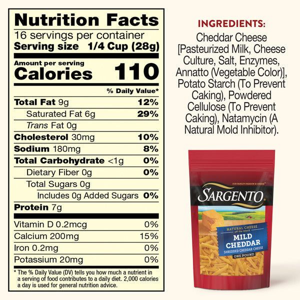 Sargento Natural Mild Cheddar Shredded Cheese, Traditional Cut, 16 oz