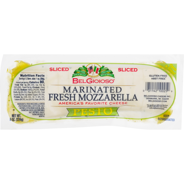 BelGioioso Sliced Cheese, Pesto, Marinated, Fresh Mozzarella
