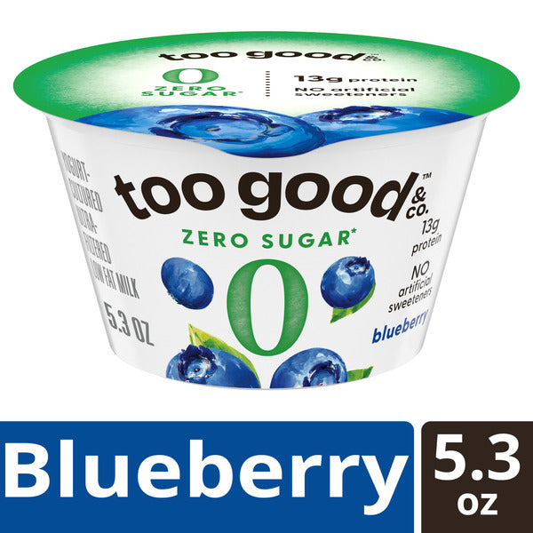 Too Good & Co. Zero Sugar Blueberry Yogurt-Cultured Ultra-Filtered Low Fat Milk Product, Gluten Free, Keto Friendly, 5.3 oz Cup