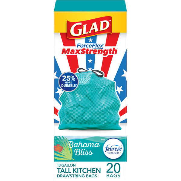 Glad ForceFlex MaxStrength Tall Trash Bags, 13 Gallon, Bahama Bliss with Febreze