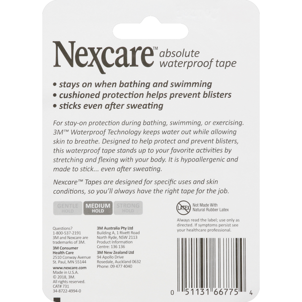 Nexcare Hospital Tape, Cushions, Absolute Waterproof, 1 Inch