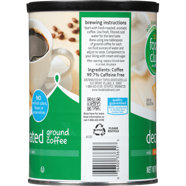 Food Club Coffee, Ground, Decaffeinated, Medium