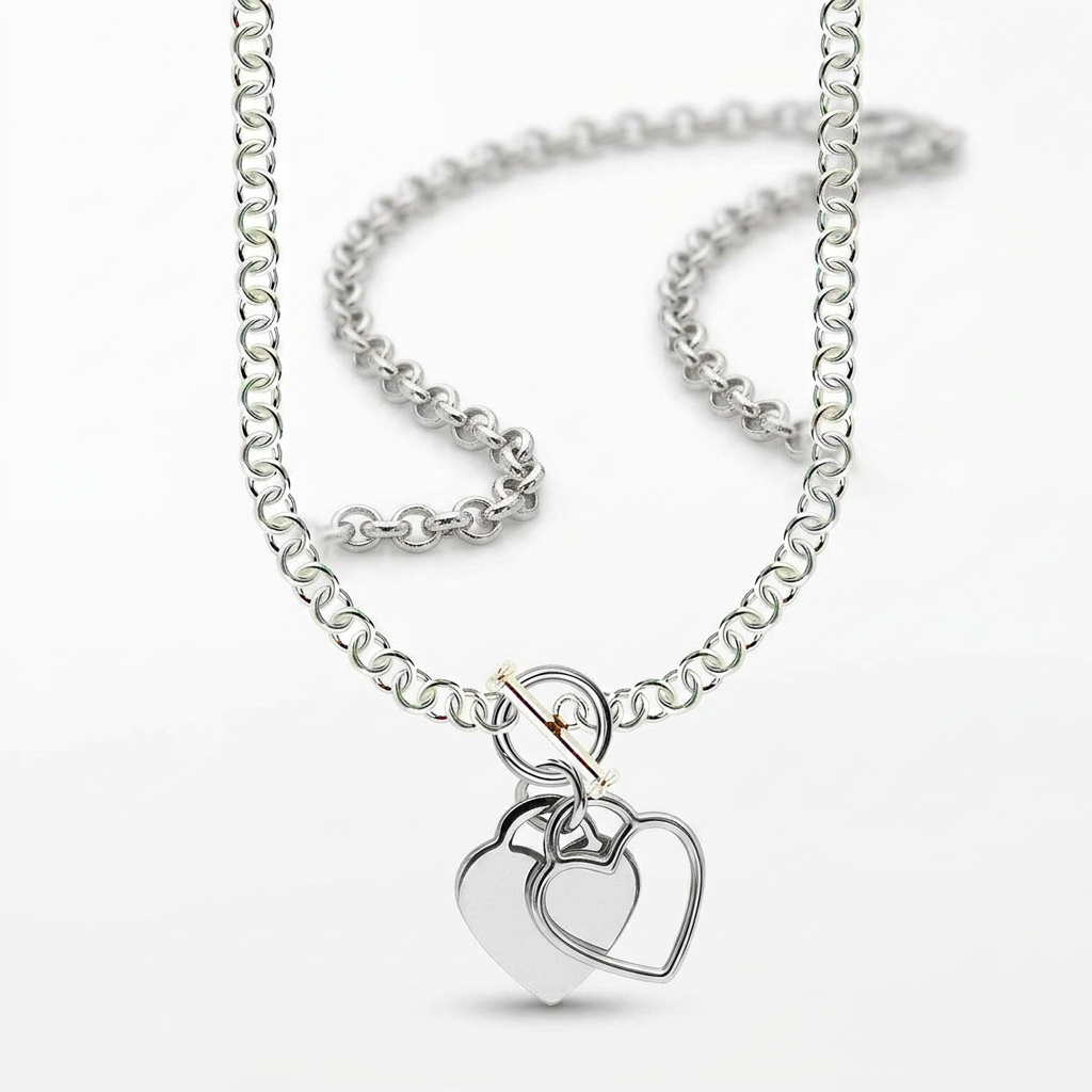 Sterling Silver Rhodium Plated Rolo Chain Necklace with a Heart Toggle Charm DestGlow