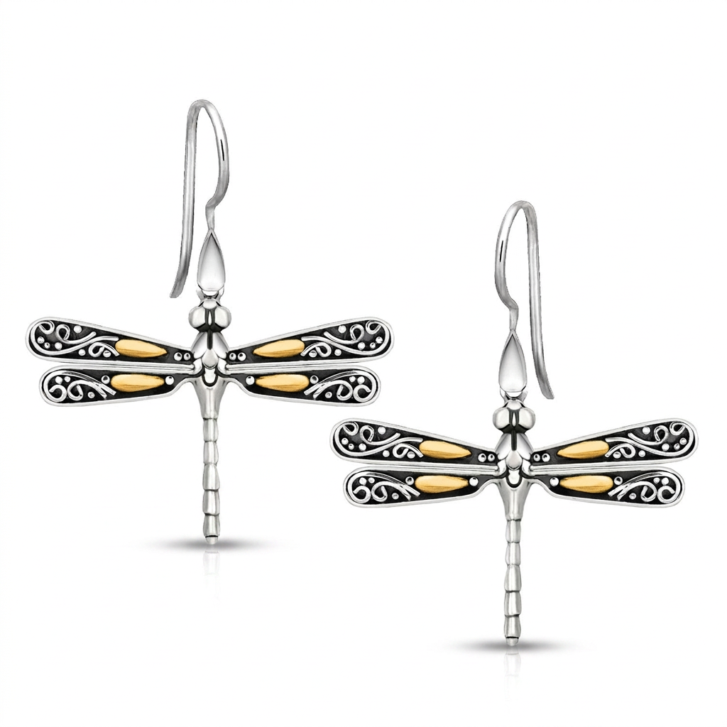 18k Yellow Gold and Sterling Silver Dragonfly Motif Drop Earrings DestGlow