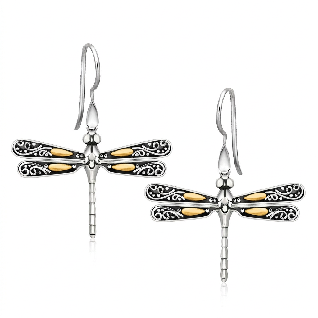 18k Yellow Gold and Sterling Silver Dragonfly Motif Drop Earrings DestGlow