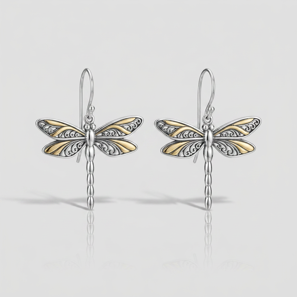 18k Yellow Gold and Sterling Silver Dragonfly Motif Drop Earrings DestGlow