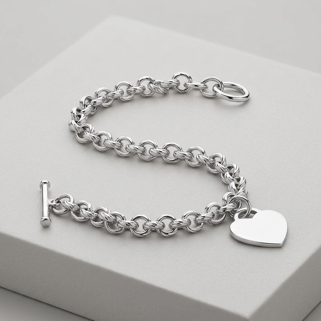 Sterling Silver Rhodium Plated Rolo Style Heart Charmed Chain Bracelet DestGlow
