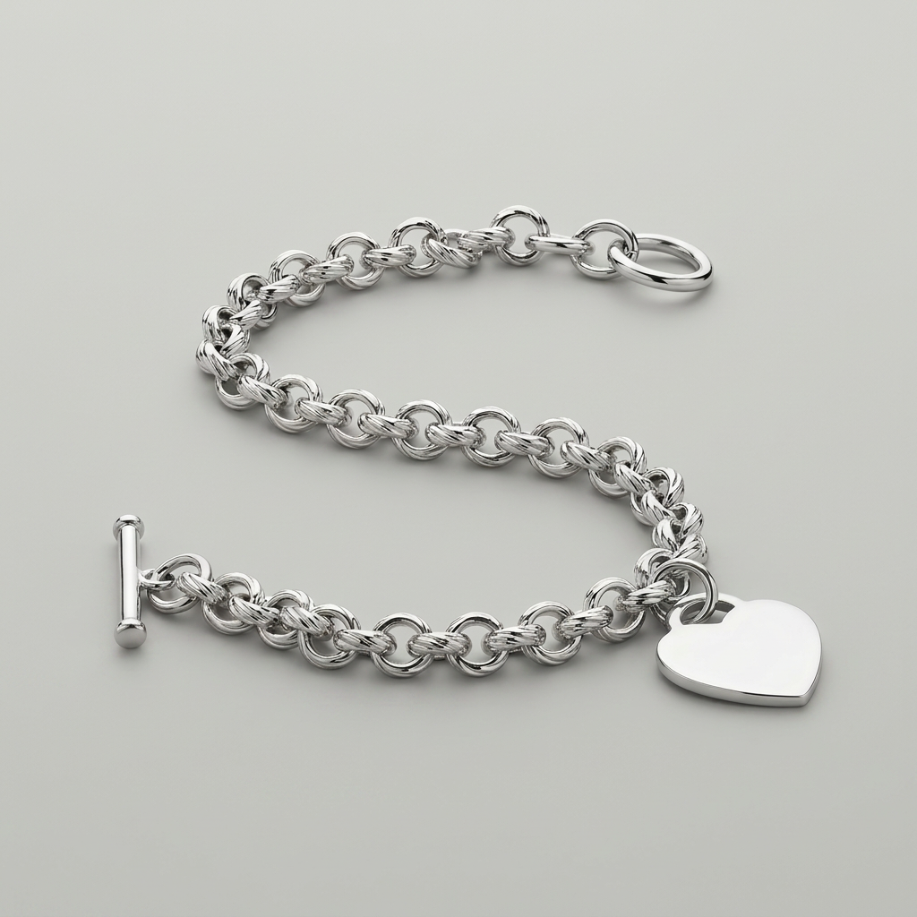 Sterling Silver Rhodium Plated Rolo Style Heart Charmed Chain Bracelet DestGlow