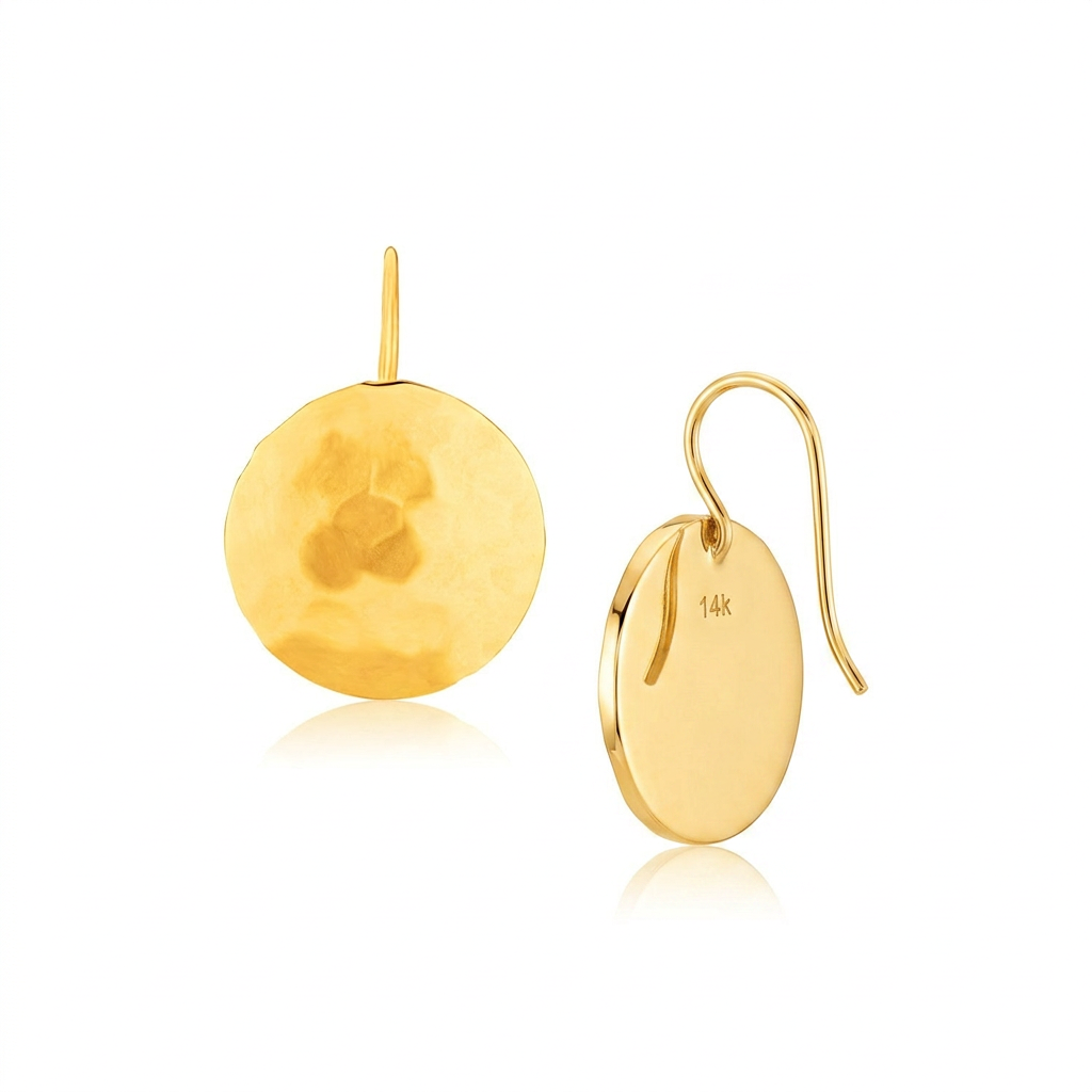 14k Yellow Gold Hammered Texture Disc Drop Earrings Medium DestGlow