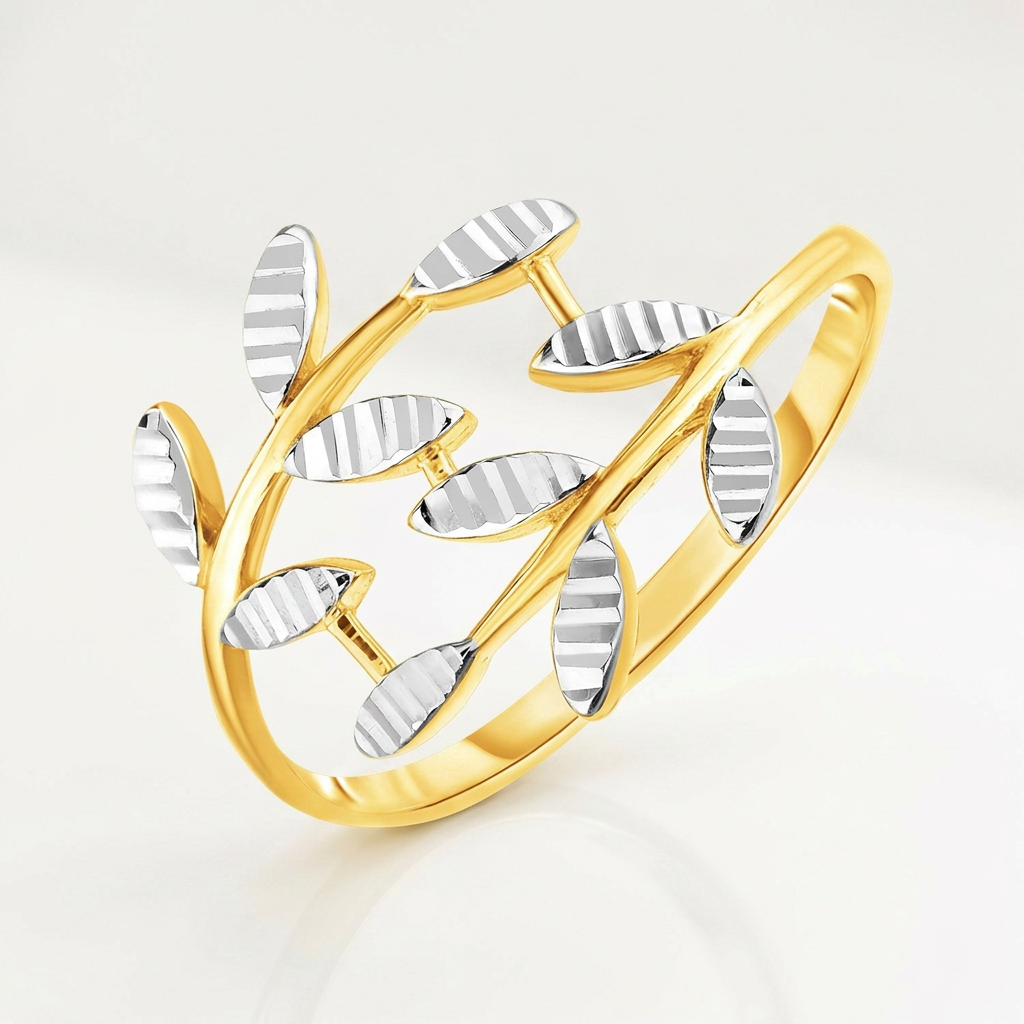 14k Two Tone Gold Crossover Ring with Textured Leaves DestGlow