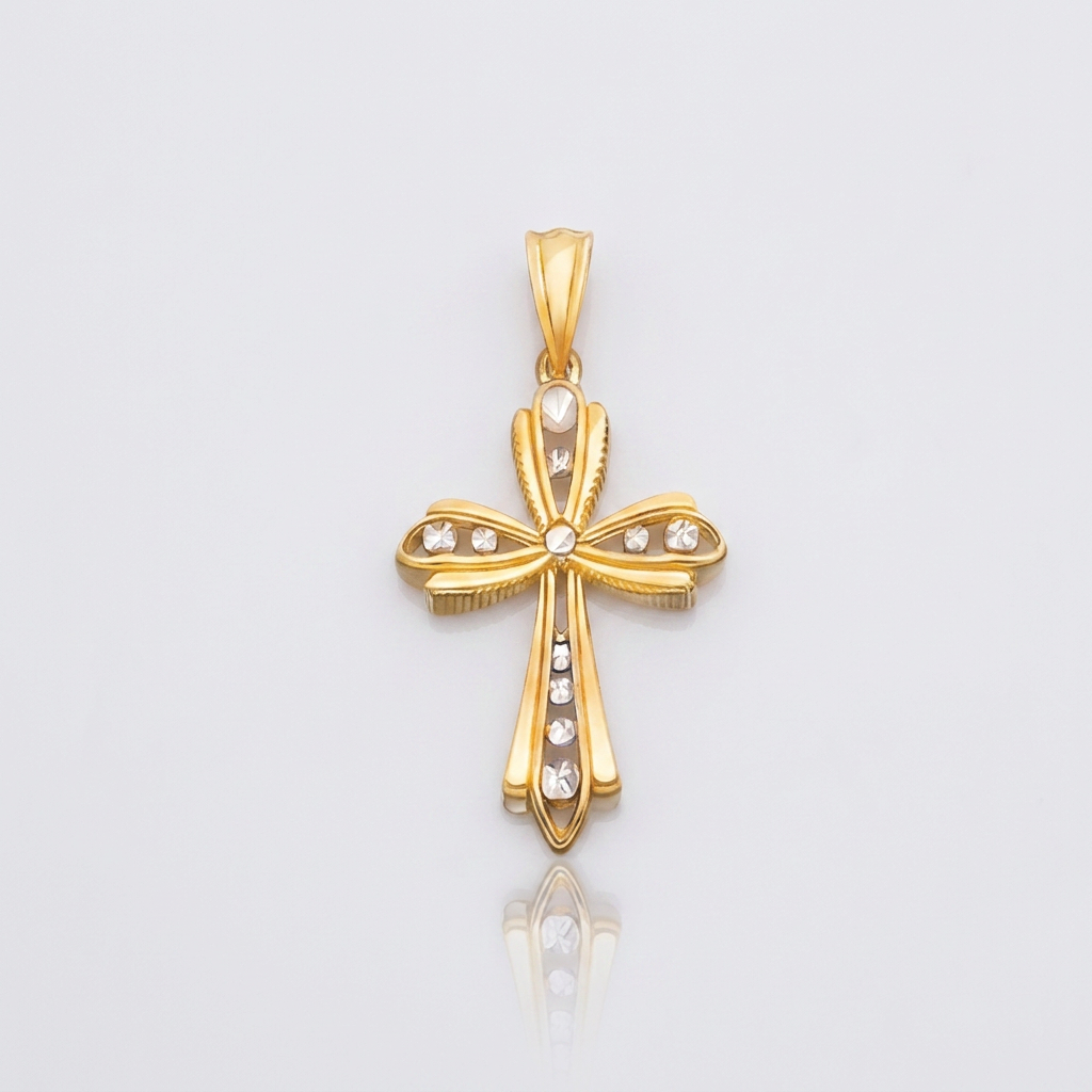 14k Two-Tone Gold Fancy Cross Pendant with Diamond Cuts DestGlow