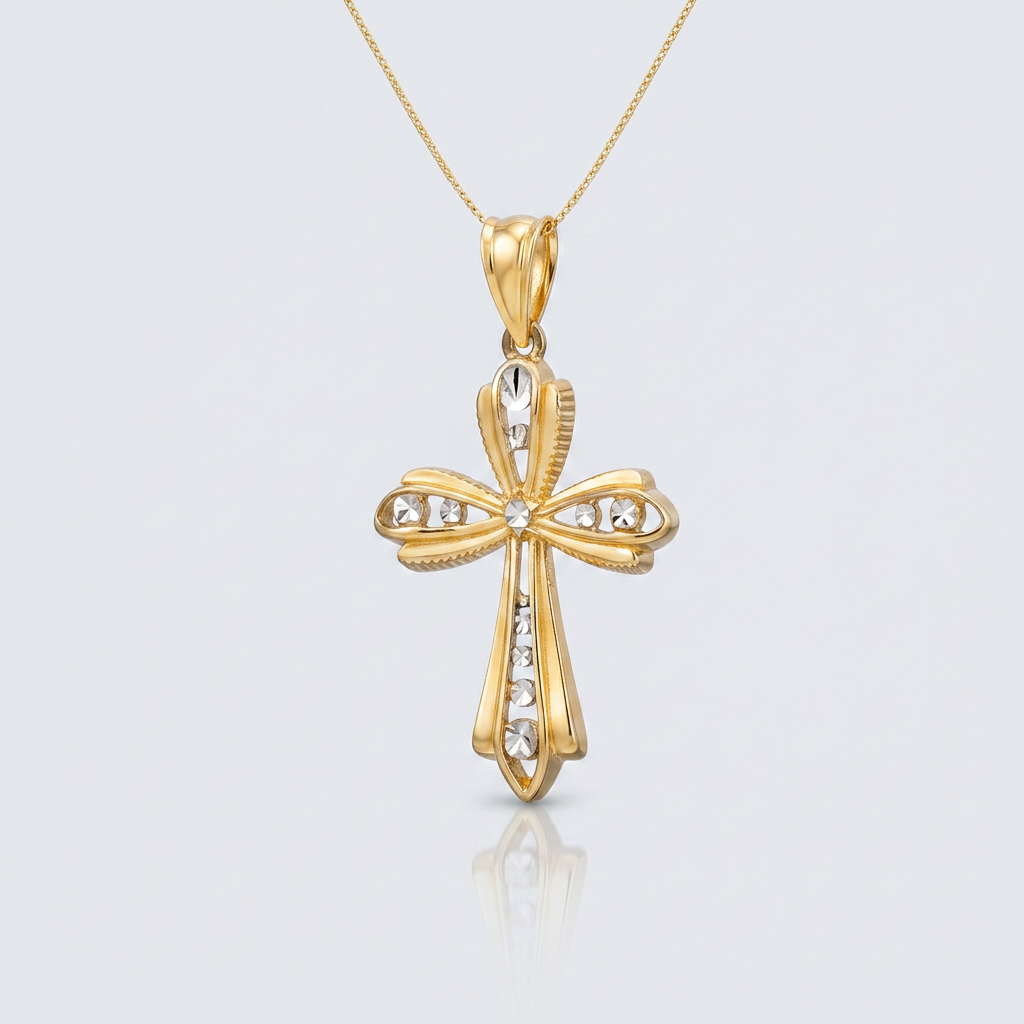 14k Two-Tone Gold Fancy Cross Pendant with Diamond Cuts DestGlow