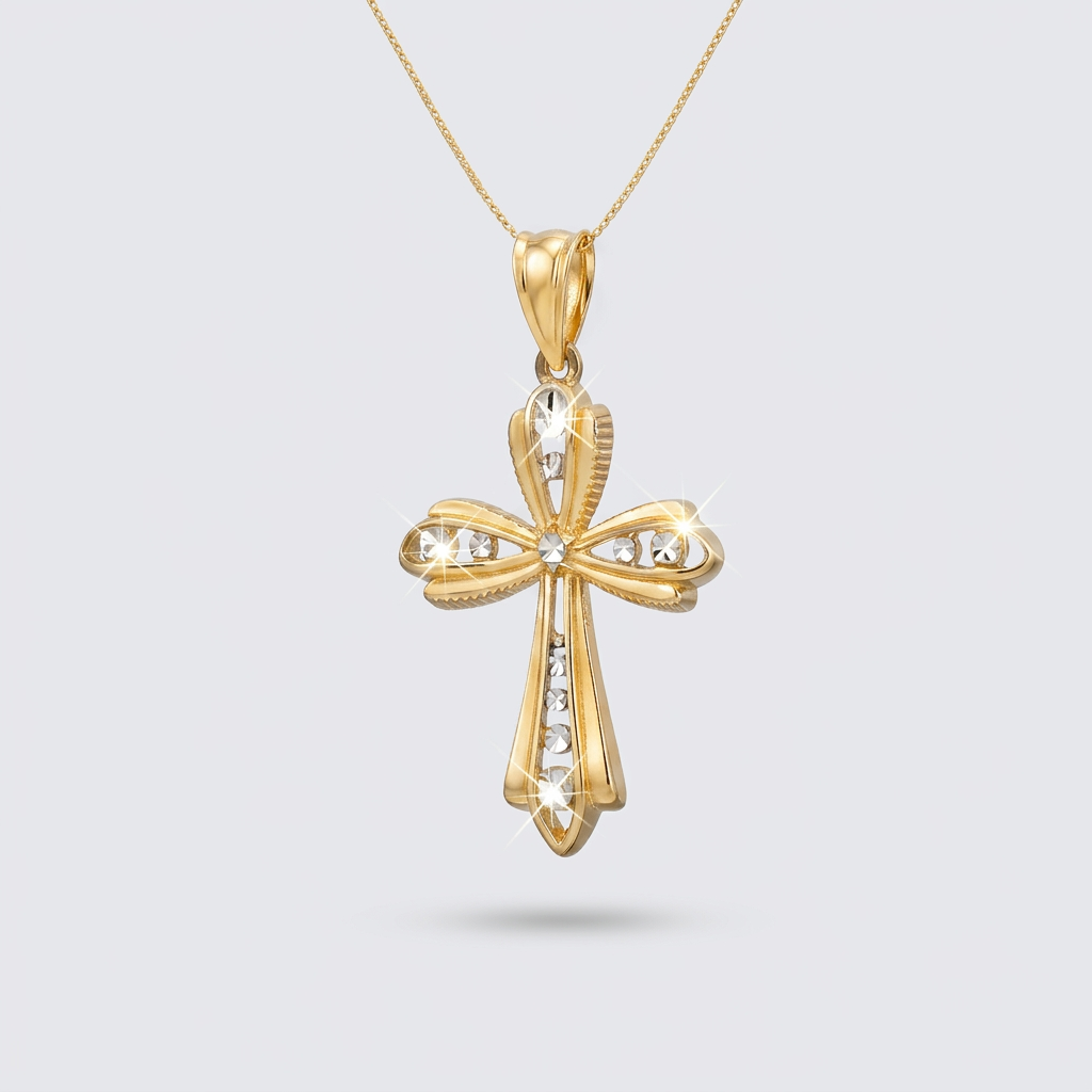 14k Two-Tone Gold Fancy Cross Pendant with Diamond Cuts DestGlow
