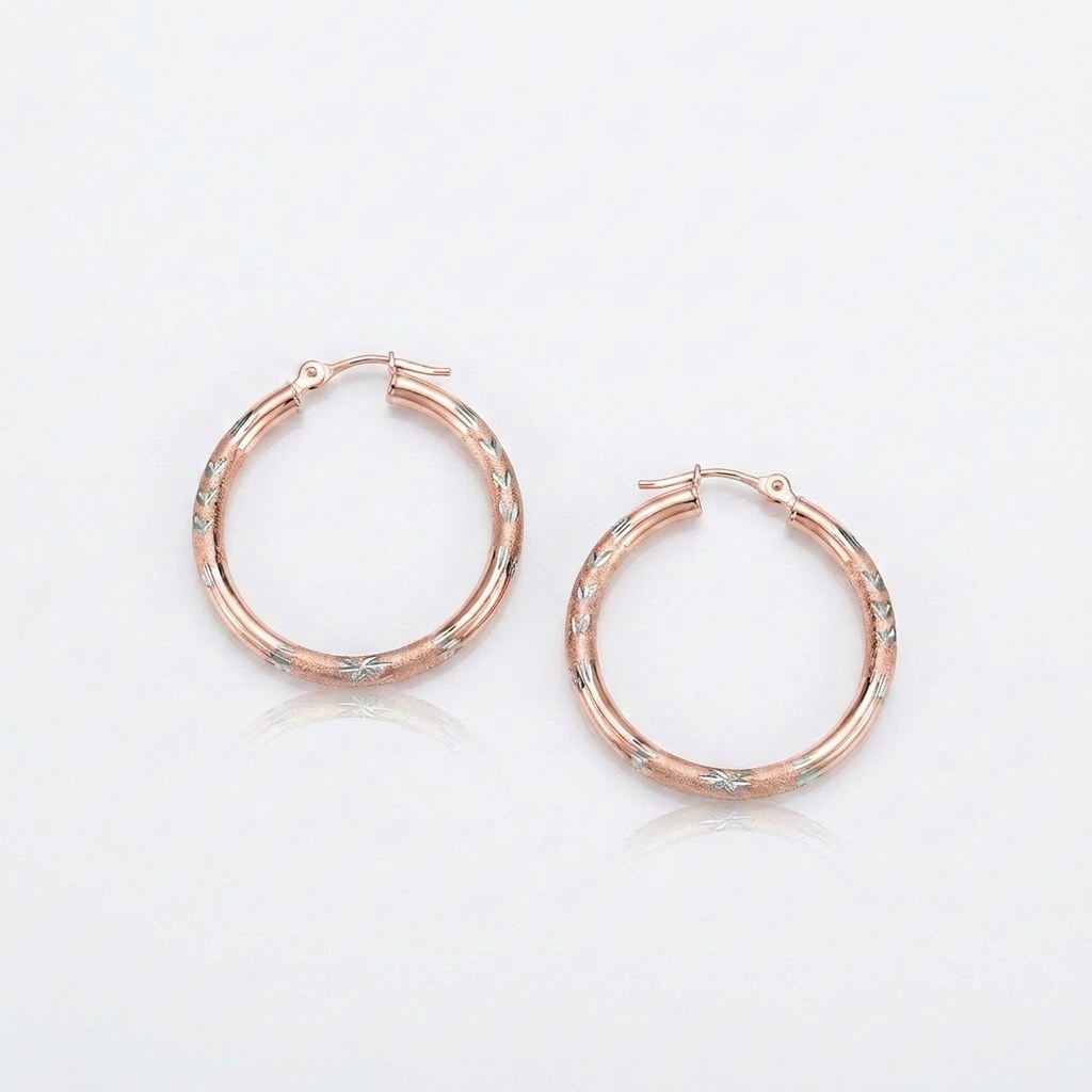 14k Rose Gold Fancy Diamond Cut Hoop Earrings (25mm Diameter) DestGlow