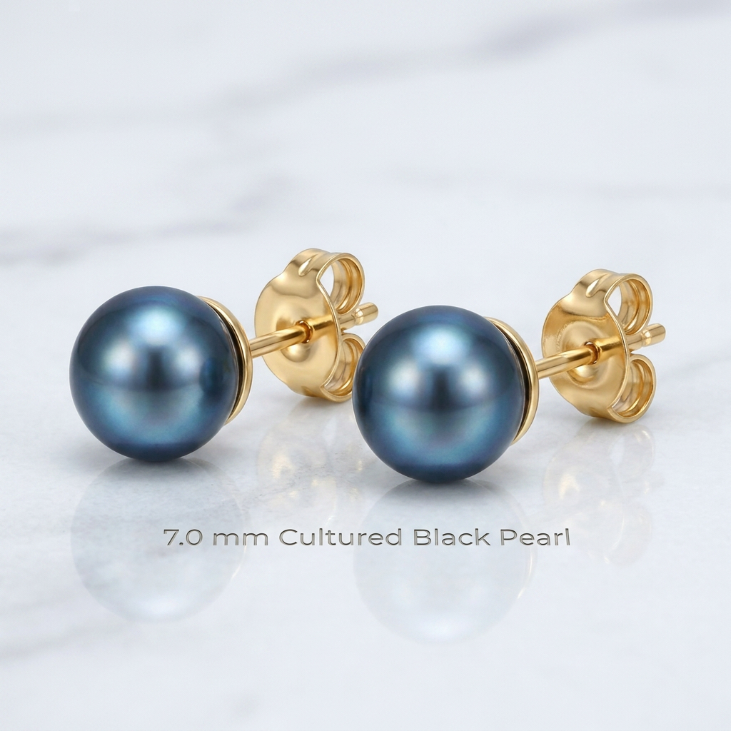 14k Yellow Gold Cultured Black Pearl Stud Earrings (7.0 mm) DestGlow