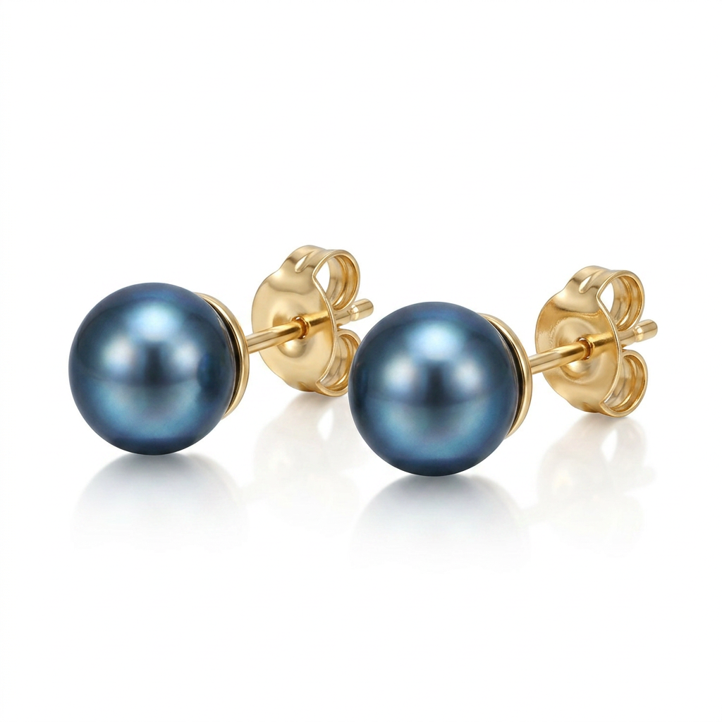 14k Yellow Gold Cultured Black Pearl Stud Earrings (7.0 mm) DestGlow