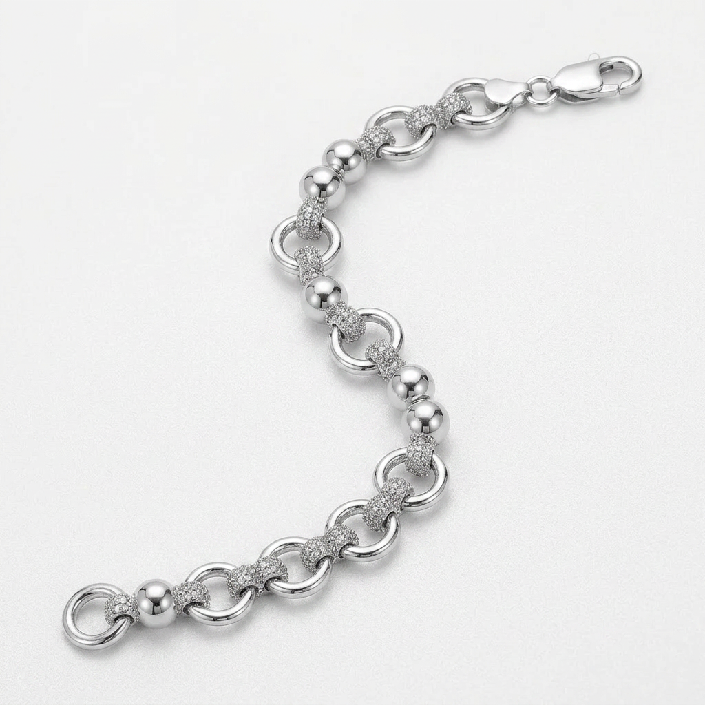 Sterling Silver Multi Strand Bead Chain Bracelet with Rings and Rhodium Plating DestGlow