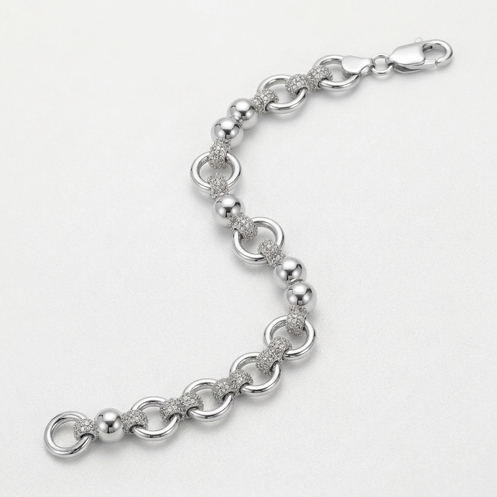 Sterling Silver Multi Strand Bead Chain Bracelet with Rings and Rhodium Plating DestGlow
