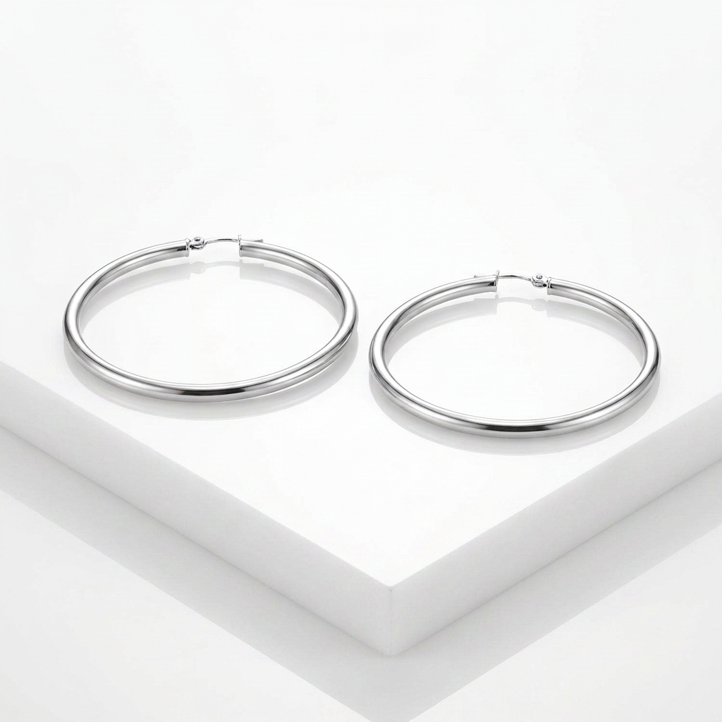 14k White Gold Polished Hoop Earrings (30 mm) DestGlow