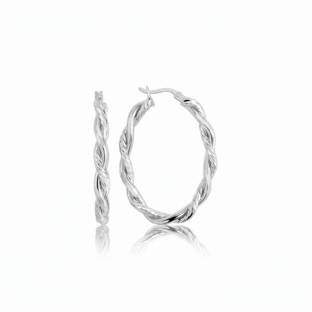 Sterling Silver Oval Hoop Braided Diamond Cut Earrings DestGlow