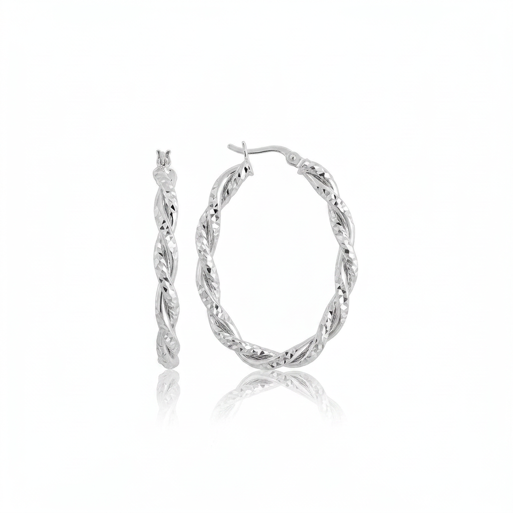 Sterling Silver Oval Hoop Braided Diamond Cut Earrings DestGlow