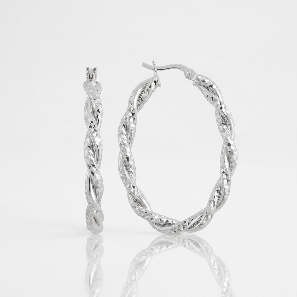 Sterling Silver Oval Hoop Braided Diamond Cut Earrings DestGlow