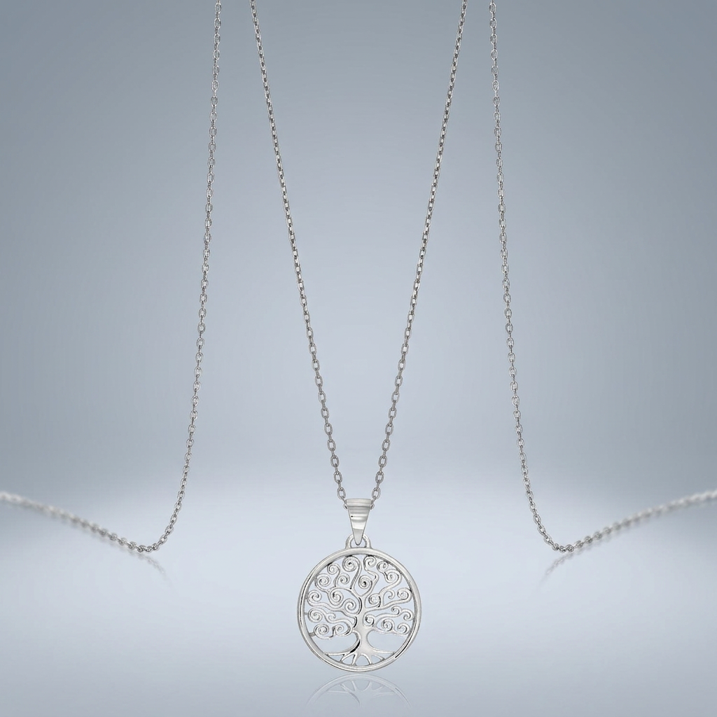 Sterling Silver Round Spiral Motif Tree of Life Necklace