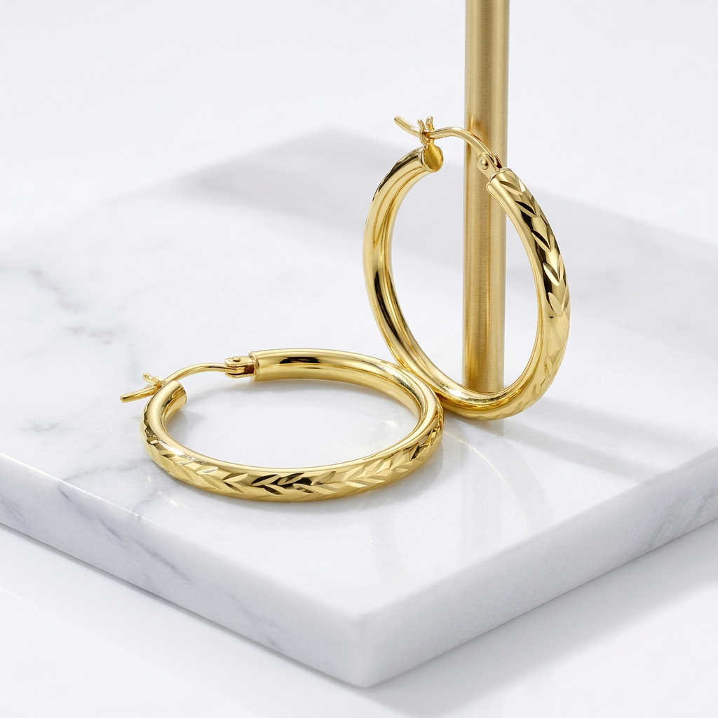 14k Yellow Gold Diamond Cut Hoop Earrings (20mm)