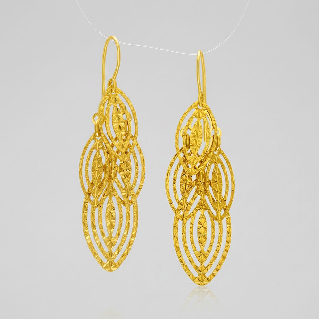 14k Yellow Gold Textured Cascading Cut Out Marquise Earrings