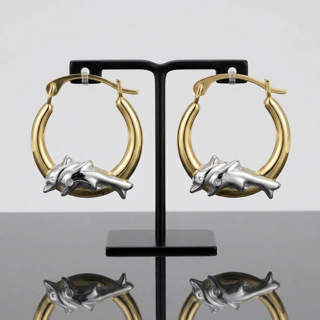 10k Two-Tone Gold Round Graduated Dolphin Design Hoop Earrings