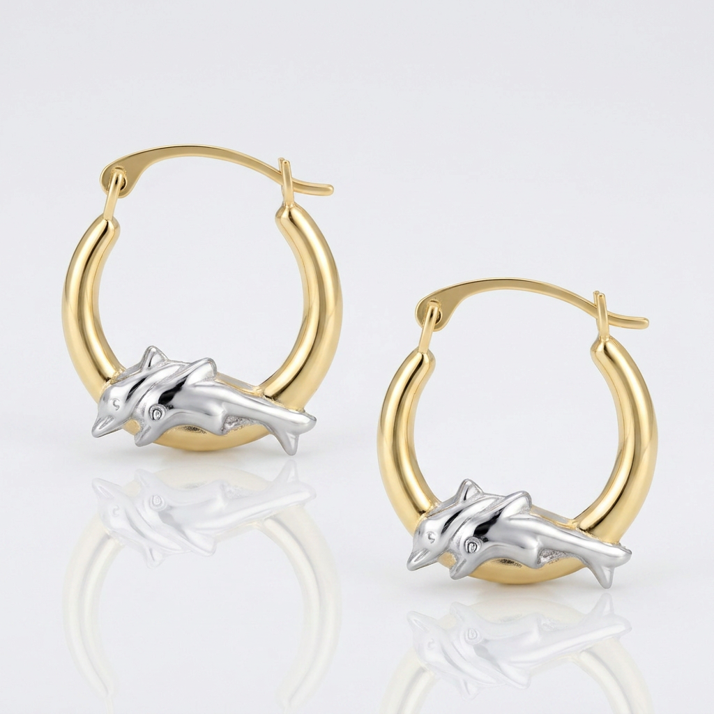 10k Two-Tone Gold Round Graduated Dolphin Design Hoop Earrings