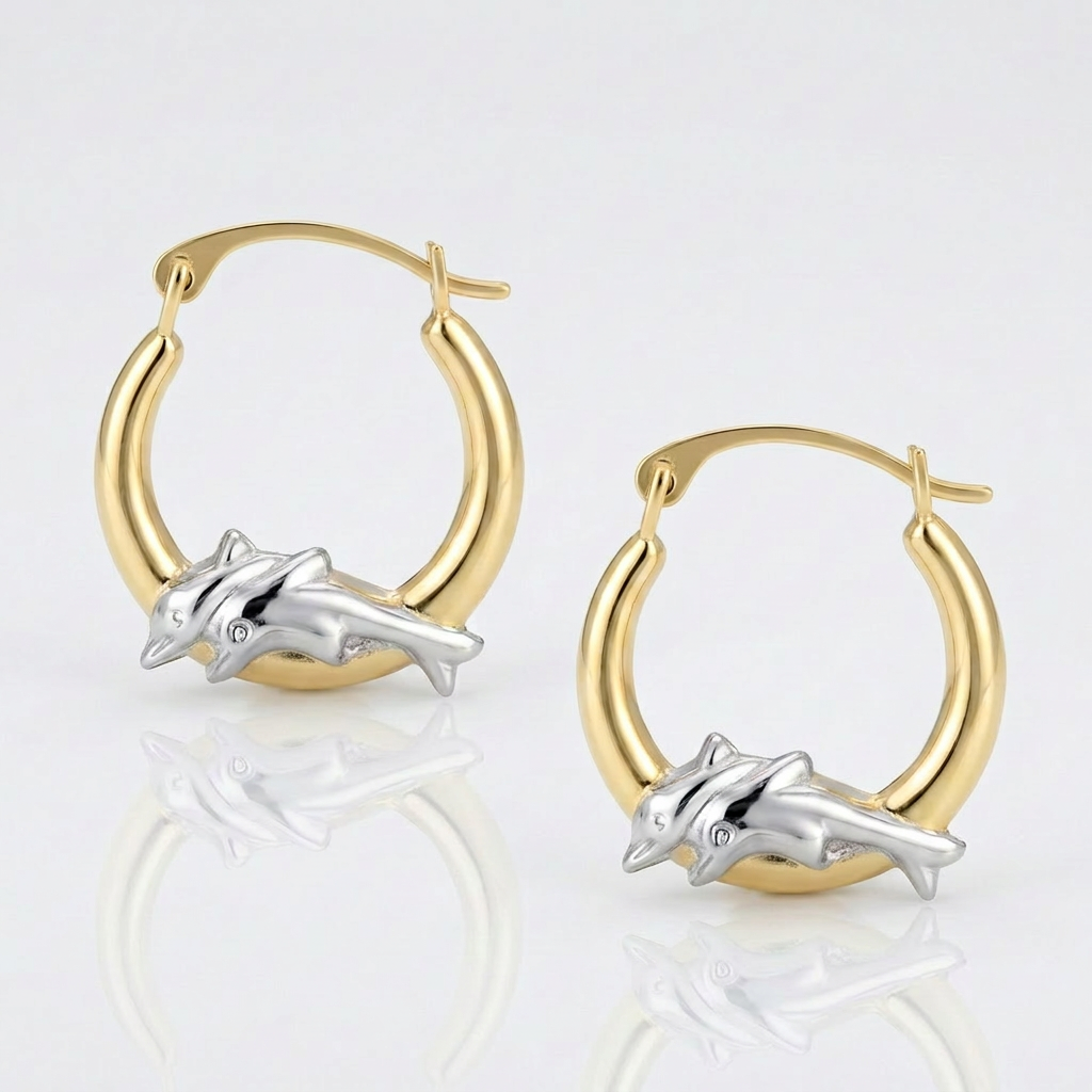 10k Two-Tone Gold Round Graduated Dolphin Design Hoop Earrings DestGlow