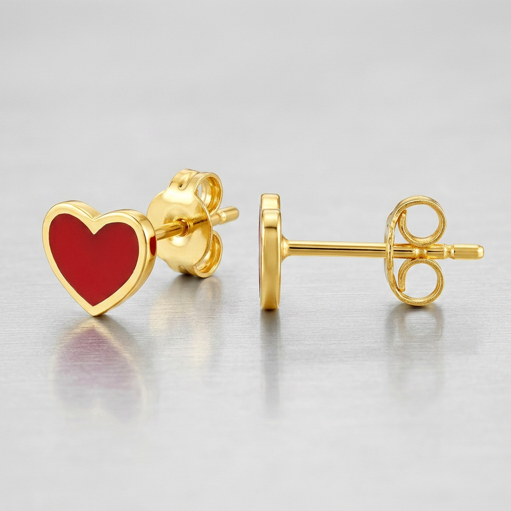 14k Yellow Gold and Enamel Red Heart Stud Earrings