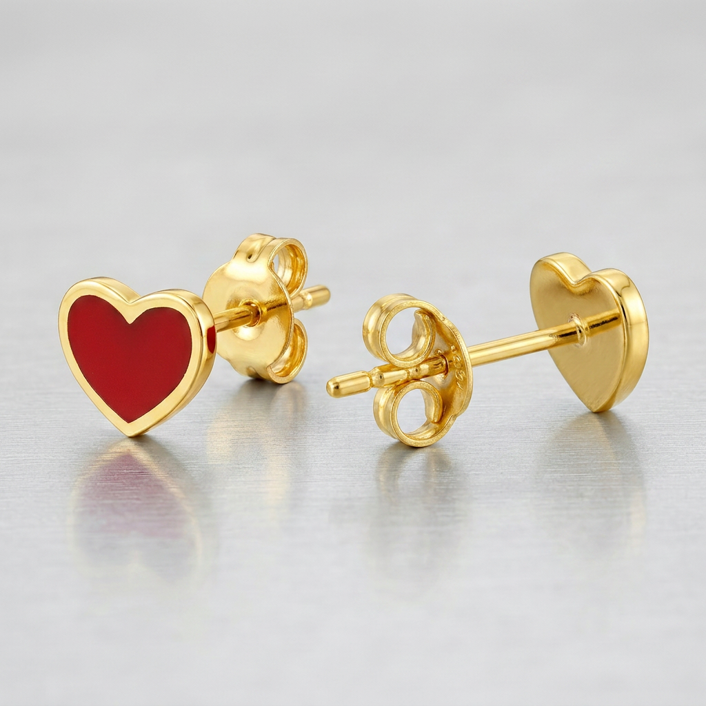 14k Yellow Gold and Enamel Red Heart Stud Earrings