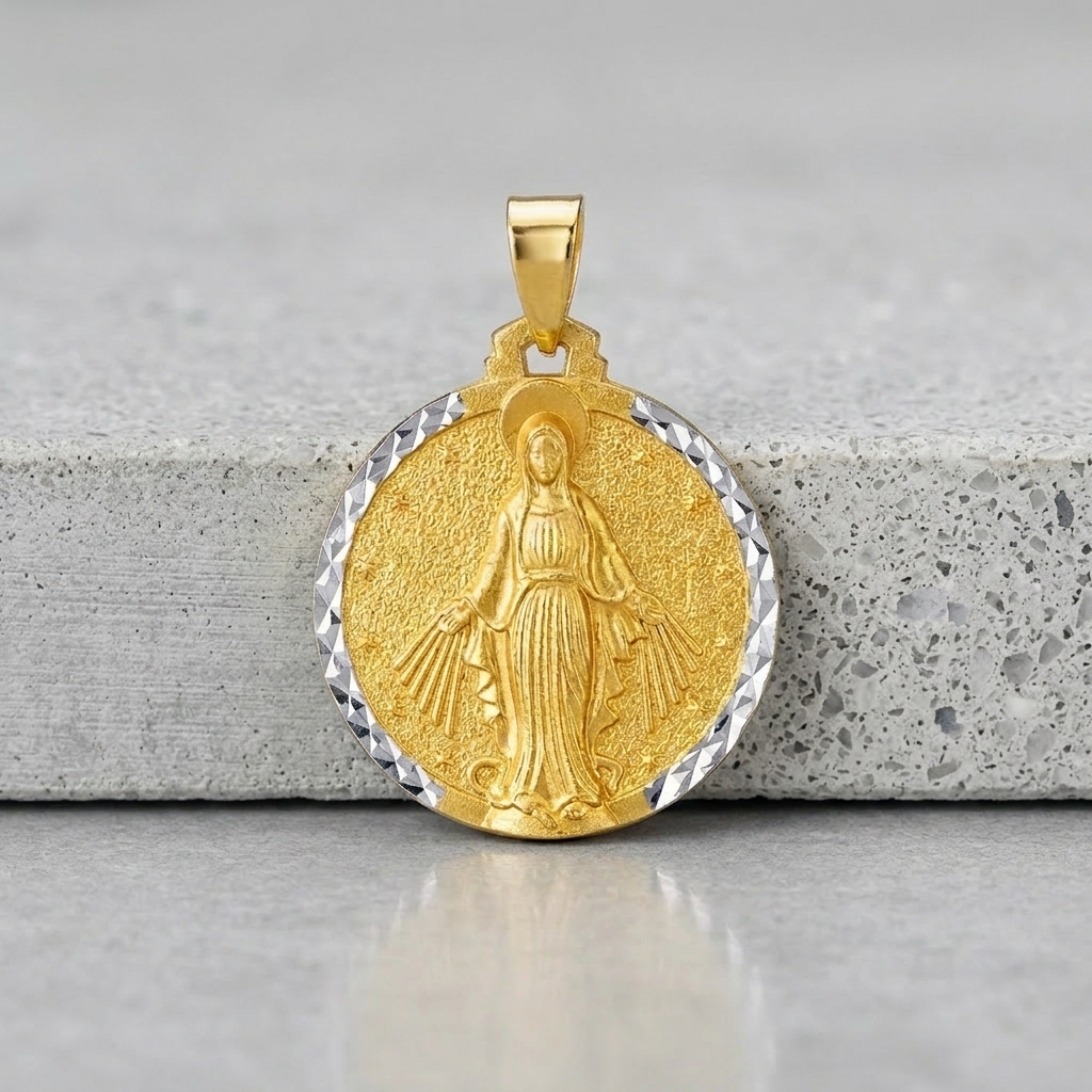 14k Two Tone Gold Round Religious Medal Pendant