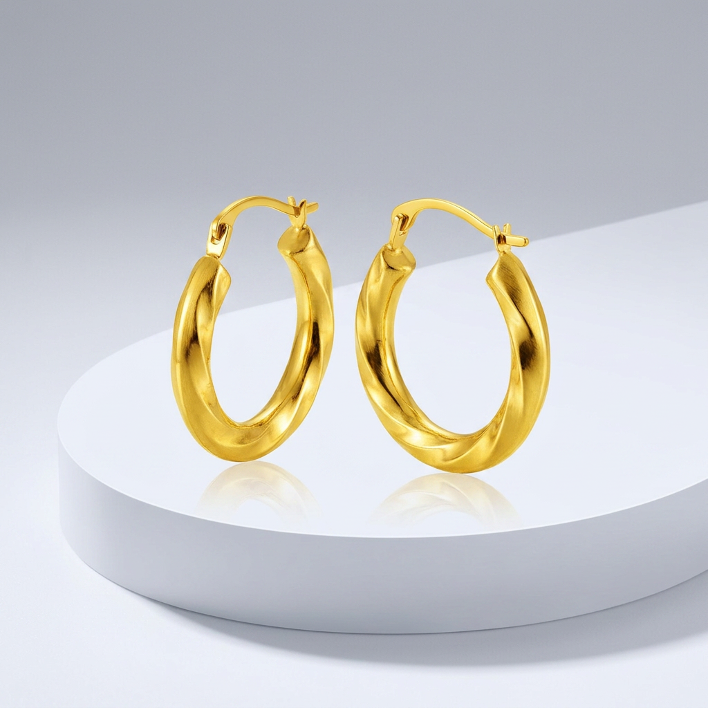 14k Yellow Gold Wavy Texture Hoop Earrings