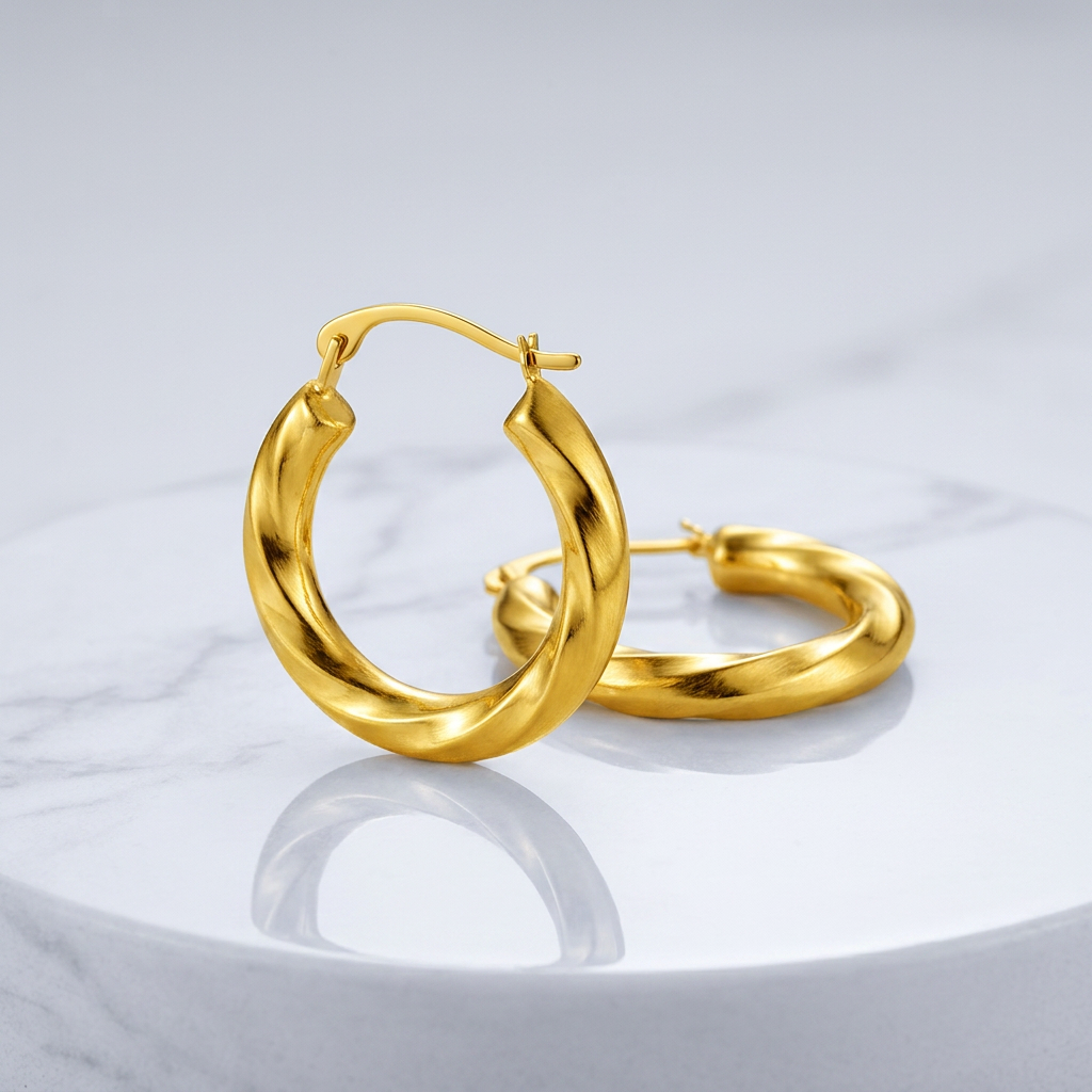 14k Yellow Gold Wavy Texture Hoop Earrings DestGlow