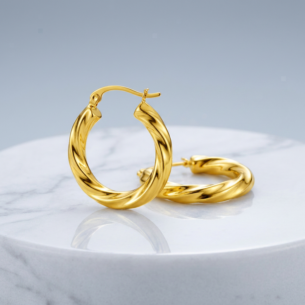 14k Yellow Gold Wavy Texture Hoop Earrings