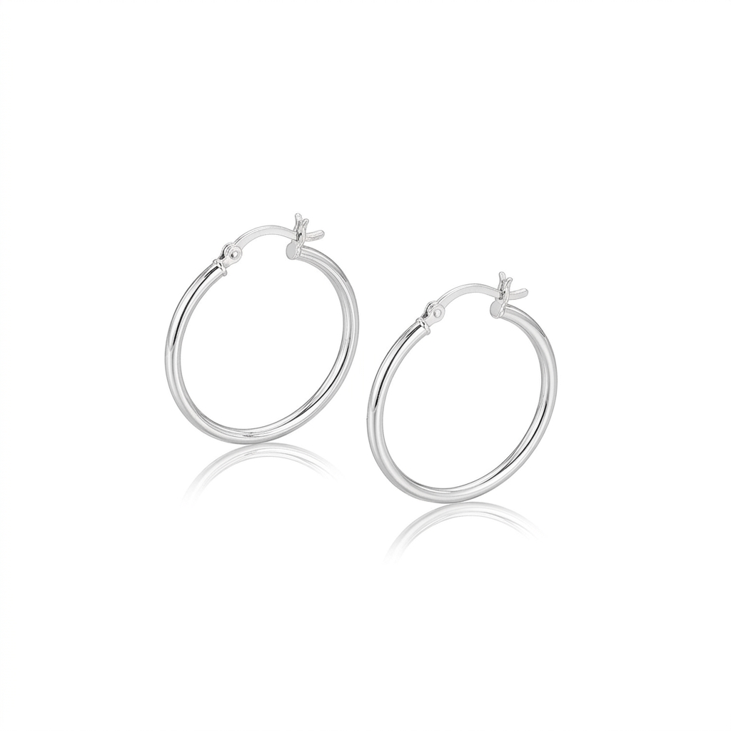 Sterling Silver Rhodium Plated Thin and Polished Hoop Motif Earrings (25mm) DestGlow