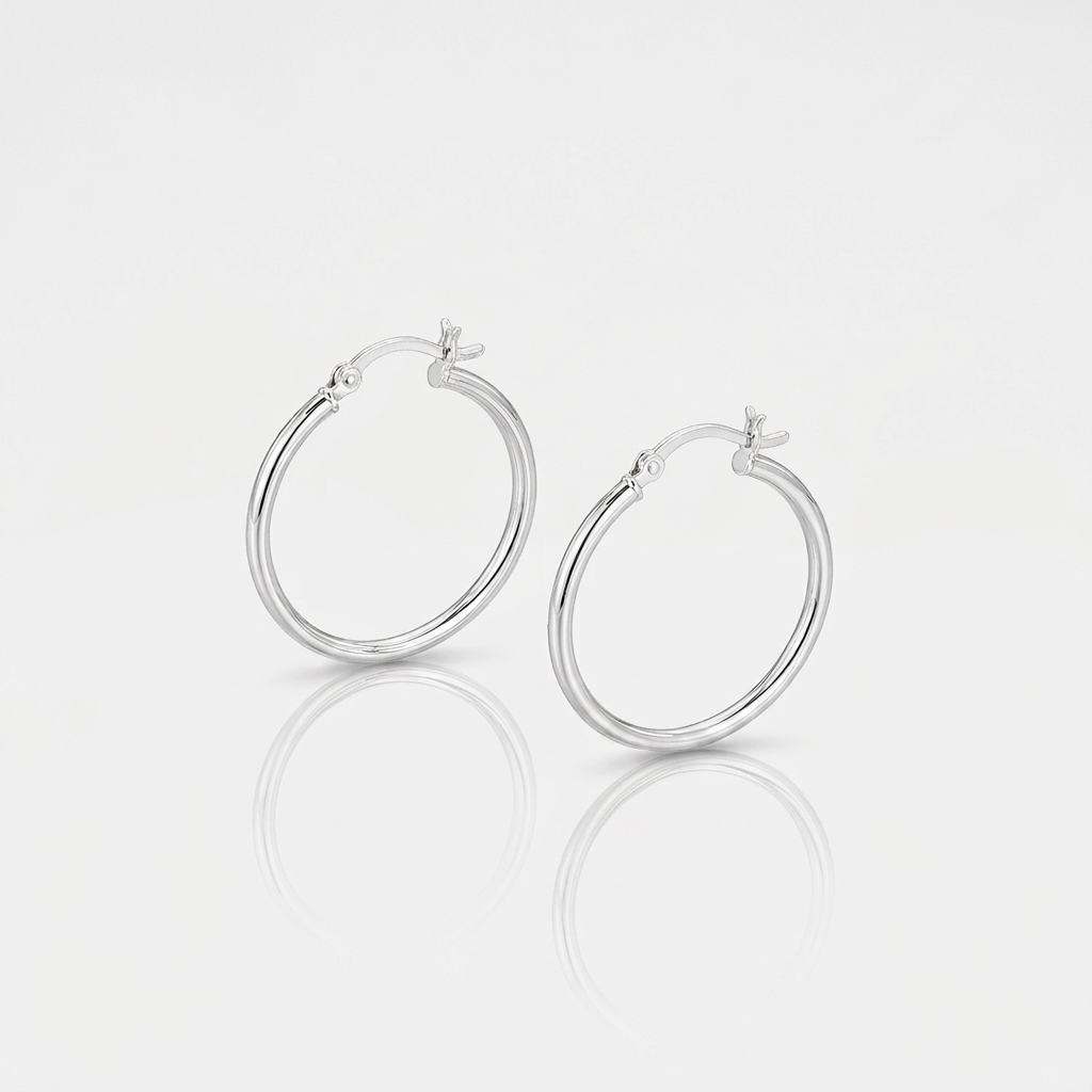 Sterling Silver Rhodium Plated Thin and Polished Hoop Motif Earrings (25mm)