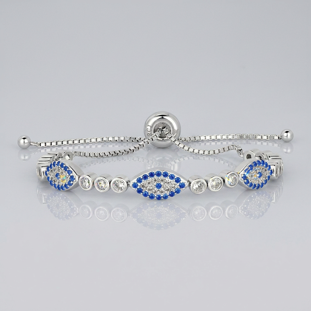 Sterling Silver Adjustable Enameled Evil Eye Bracelet with Cubic Zirconias