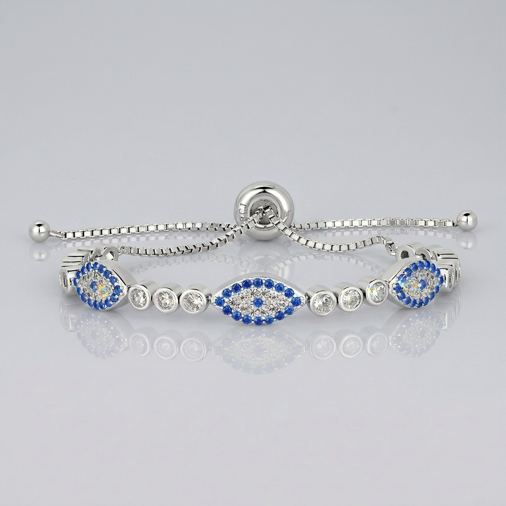 Sterling Silver Adjustable Enameled Evil Eye Bracelet with Cubic Zirconias