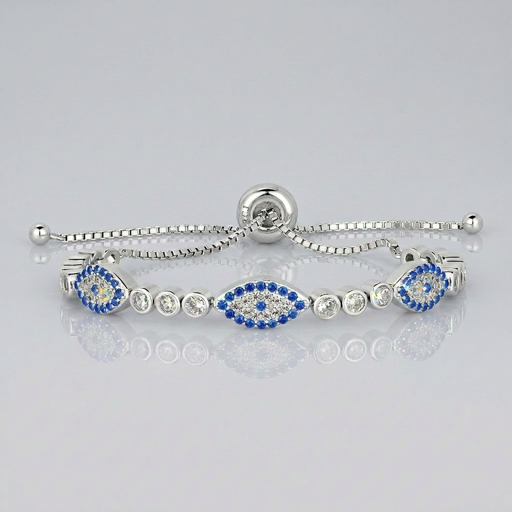Sterling Silver Adjustable Enameled Evil Eye Bracelet with Cubic Zirconias DestGlow