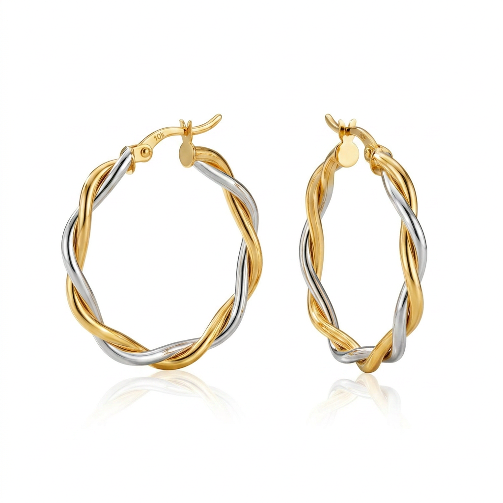 Two-Tone Twisted Wire Round Hoop Earrings in 10k Yellow and White Gold DestGlow