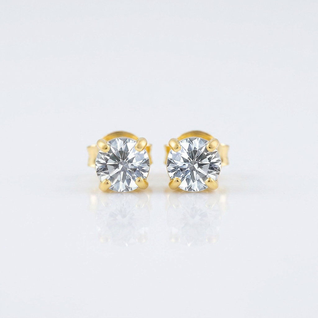 14 k Yellow Gold Stud Earrings with White Hue Faceted Cubic Zirconia DestGlow