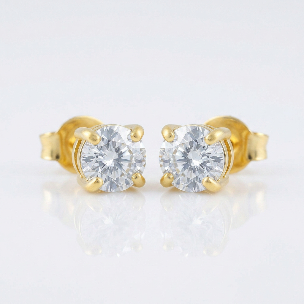 14 k Yellow Gold Stud Earrings with White Hue Faceted Cubic Zirconia DestGlow