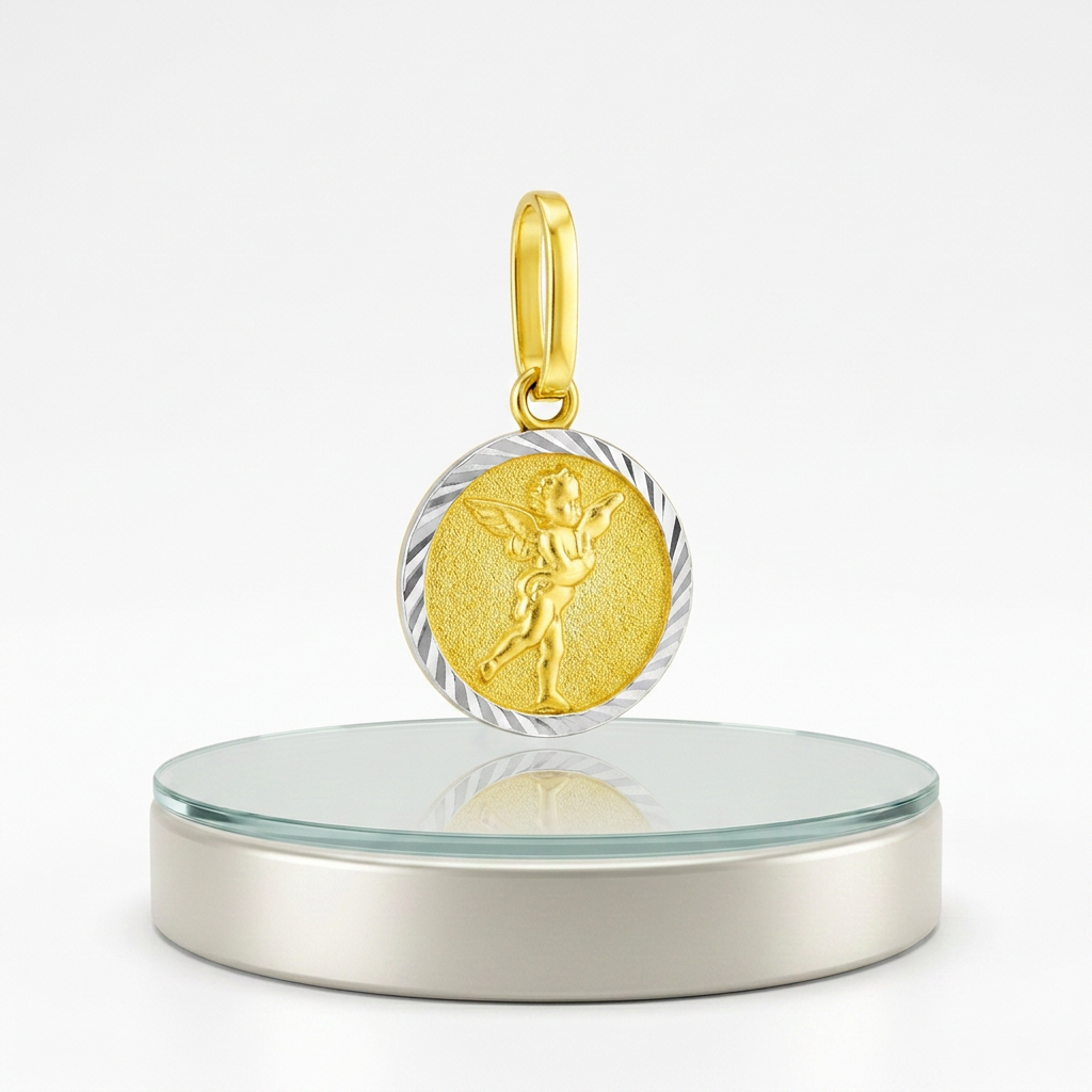 14k Two Tone Gold Small Round Textured Religious Medal Pendant DestGlow